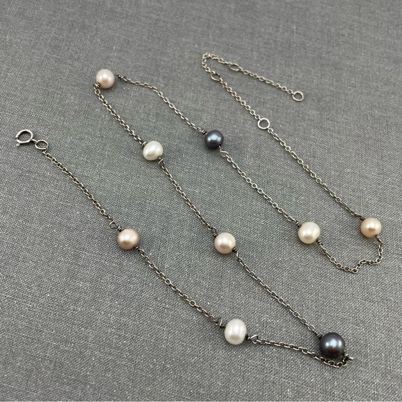 Dainty Sterling Silver Station Necklace with Multicolor Freshwater - Picture 3 of 6